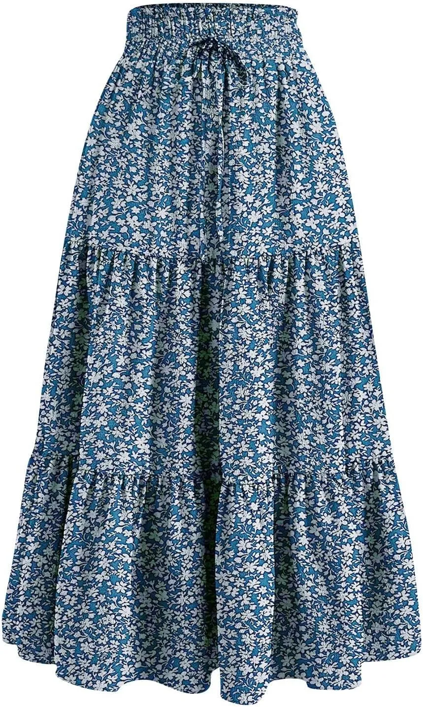 Women's Skirts Women's Summer Comfy Causal Elastic High Waisted Skirts Casual Floral Print A Line Skirt