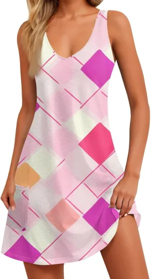 Women's Sleeveless Summer Dress Casual Plaid Pattern, Lightweight Fabric, V-Neck, Knee-Length, Perfect for Daily Wear