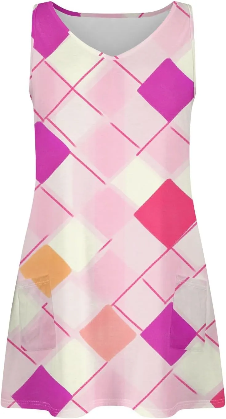 Women's Sleeveless Summer Dress Casual Plaid Pattern, Lightweight Fabric, V-Neck, Knee-Length, Perfect for Daily Wear