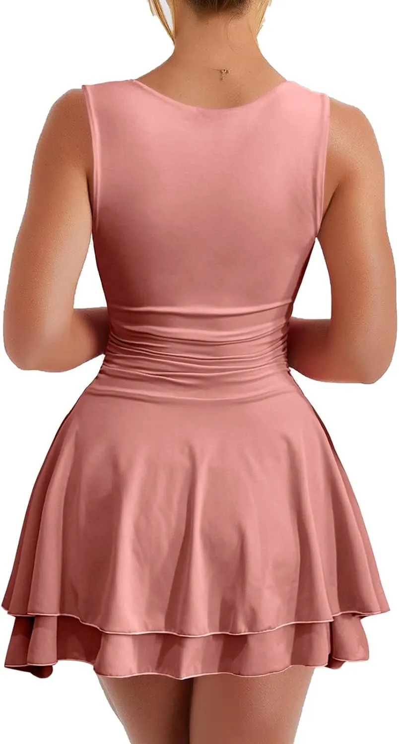Women's Square Neck Ruffle Hem Mini Dress Sleeveless Ruched Waist Short Dresses Corset Pleated Swing Babydoll Dresses