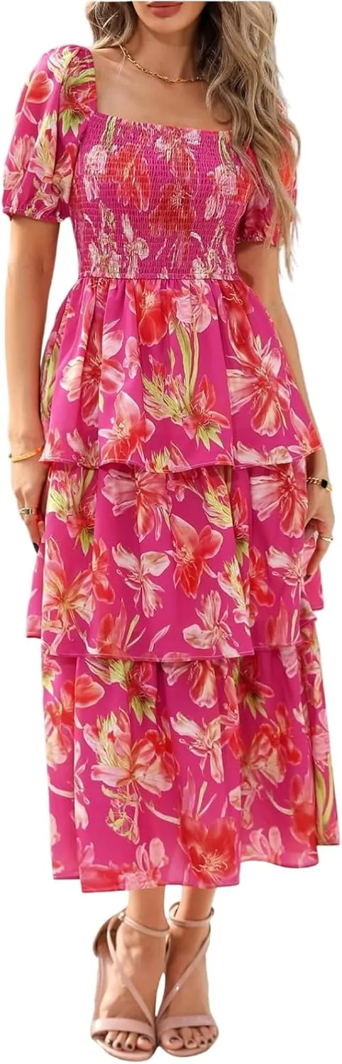 Womens Square Neck Smocked Dress Summer Puff Short Sleeve Floral Casual Ruffle Tiered Maxi Wedding Guest Dresses