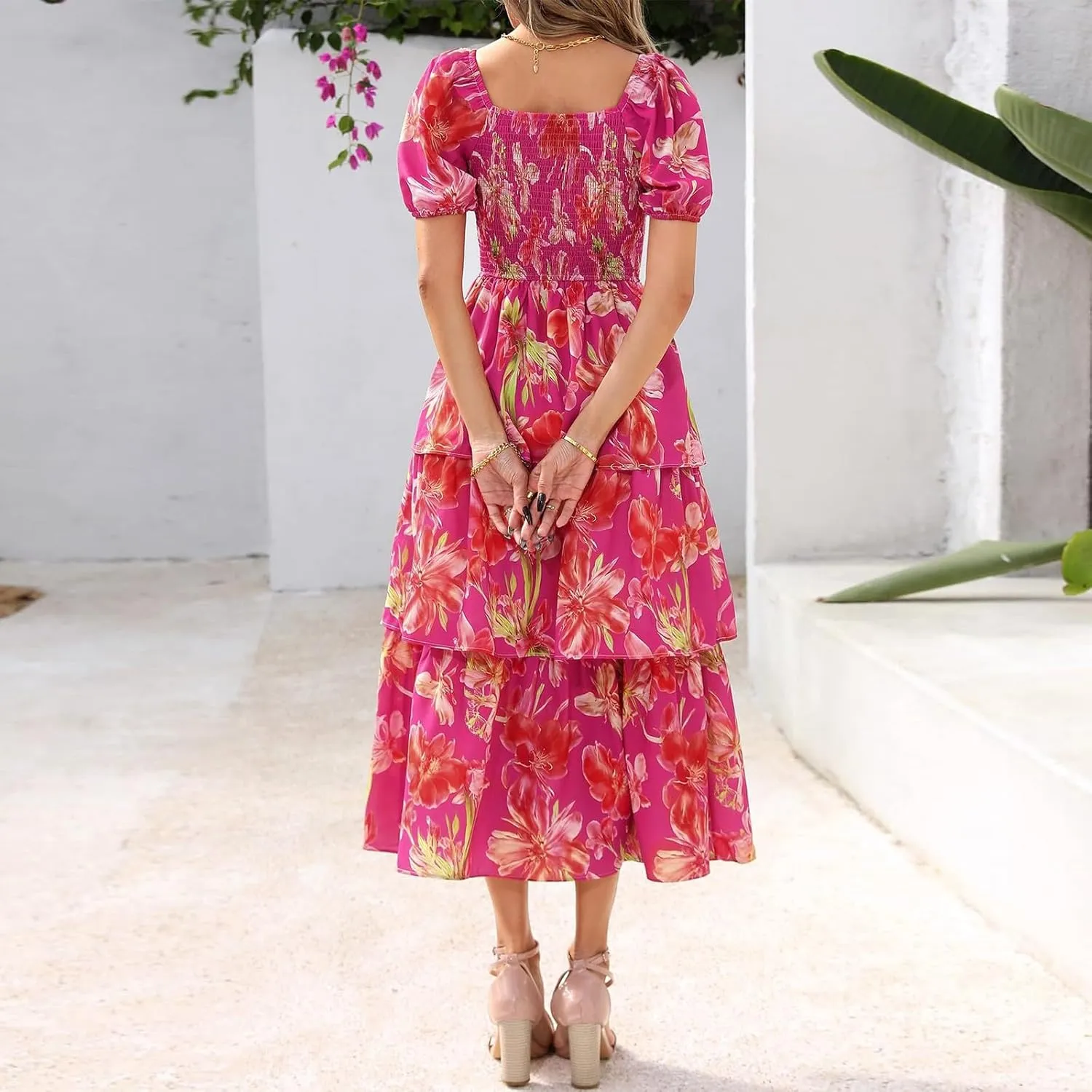 Womens Square Neck Smocked Dress Summer Puff Short Sleeve Floral Casual Ruffle Tiered Maxi Wedding Guest Dresses