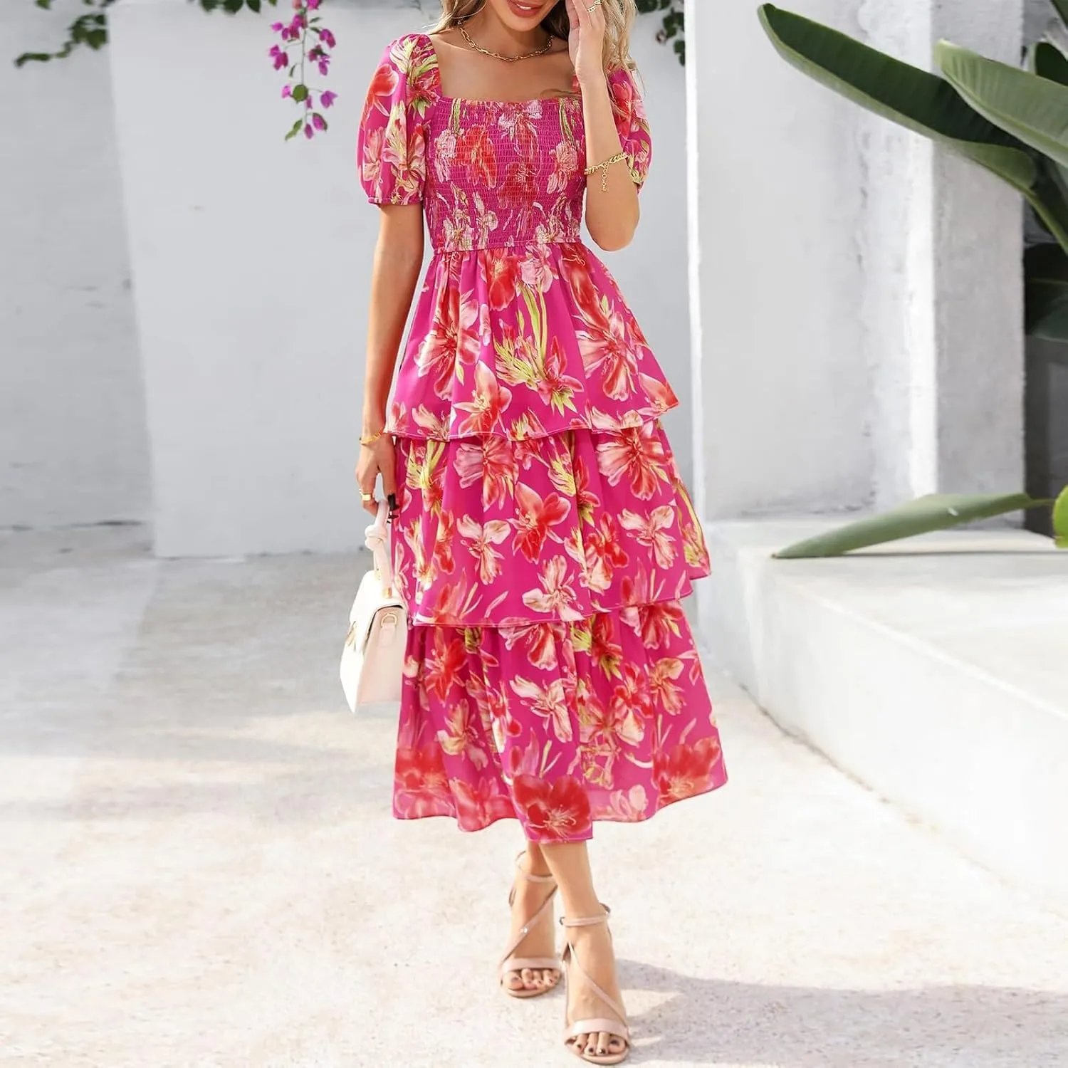 Womens Square Neck Smocked Dress Summer Puff Short Sleeve Floral Casual Ruffle Tiered Maxi Wedding Guest Dresses