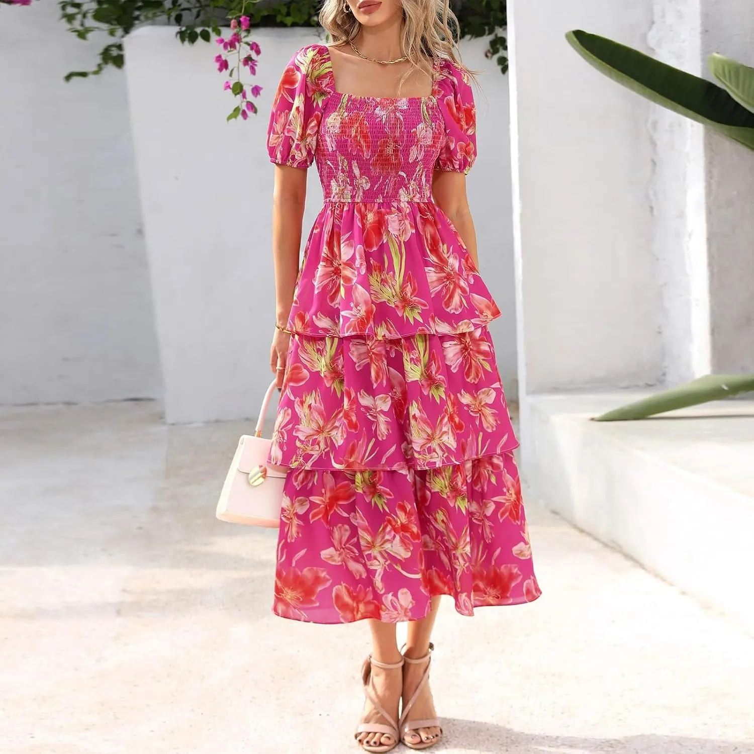 Womens Square Neck Smocked Dress Summer Puff Short Sleeve Floral Casual Ruffle Tiered Maxi Wedding Guest Dresses