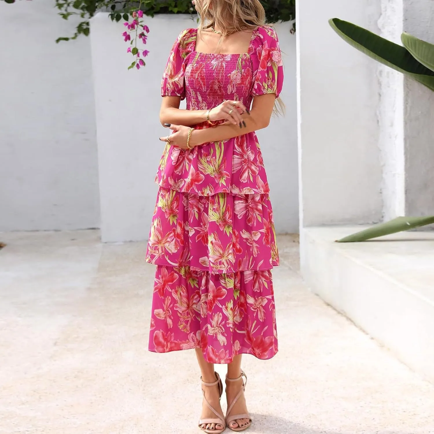 Womens Square Neck Smocked Dress Summer Puff Short Sleeve Floral Casual Ruffle Tiered Maxi Wedding Guest Dresses