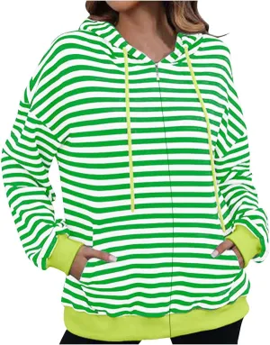 Women's Striped Hooded Sweatshirts Casual Long Sleeved Zippered Jackets Fall Trendy Thin Coats with Pockets
