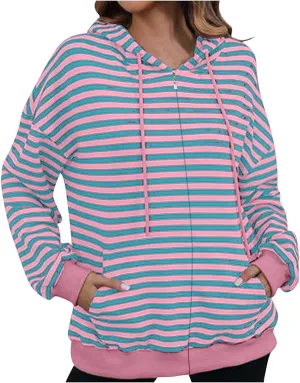 Women's Striped Hooded Sweatshirts Casual Long Sleeved Zippered Jackets Fall Trendy Thin Coats with Pockets