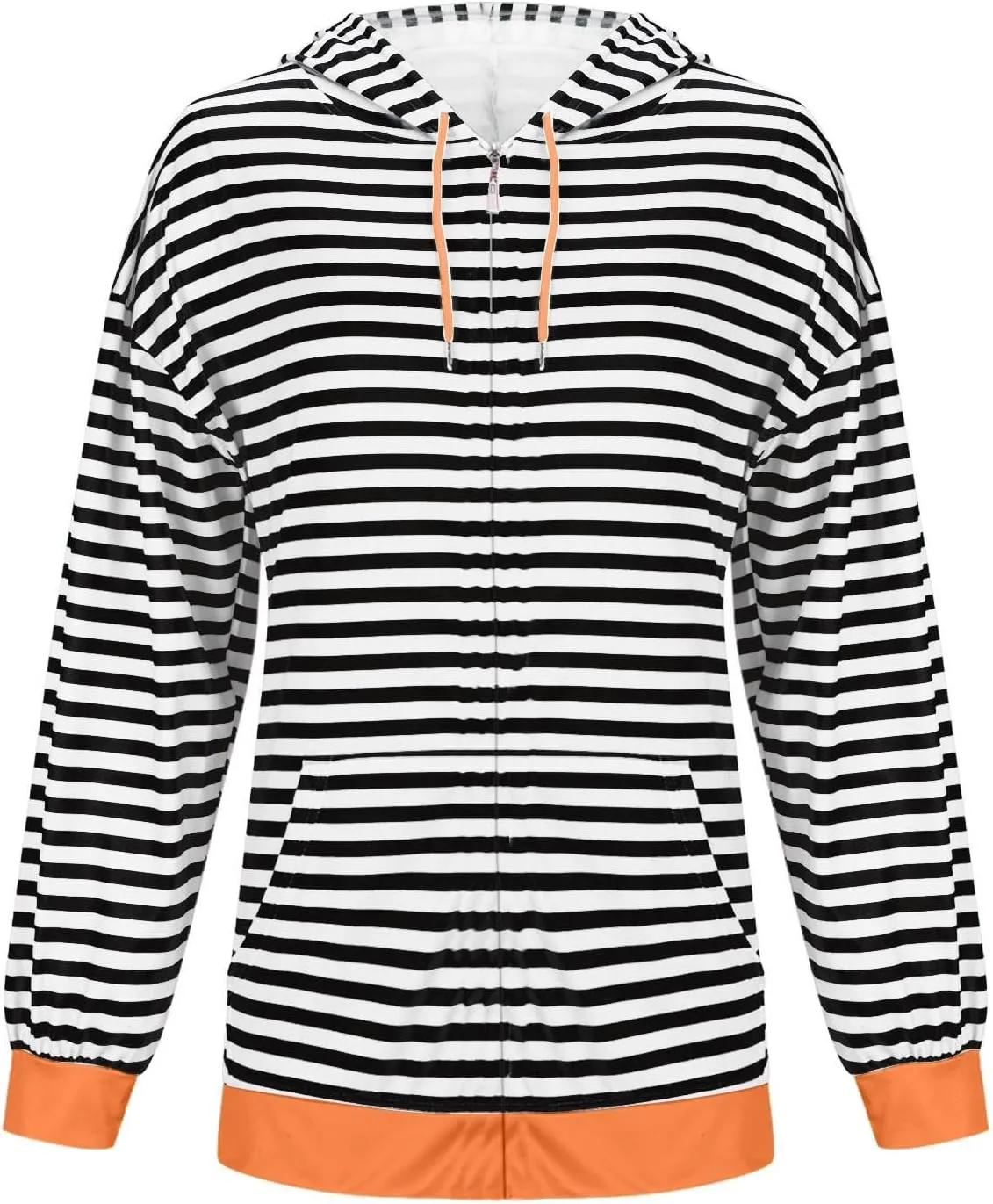 Women's Striped Hooded Sweatshirts Casual Long Sleeved Zippered Jackets Fall Trendy Thin Coats with Pockets