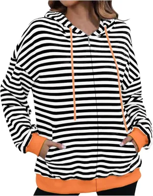 Women's Striped Hooded Sweatshirts Casual Long Sleeved Zippered Jackets Fall Trendy Thin Coats with Pockets