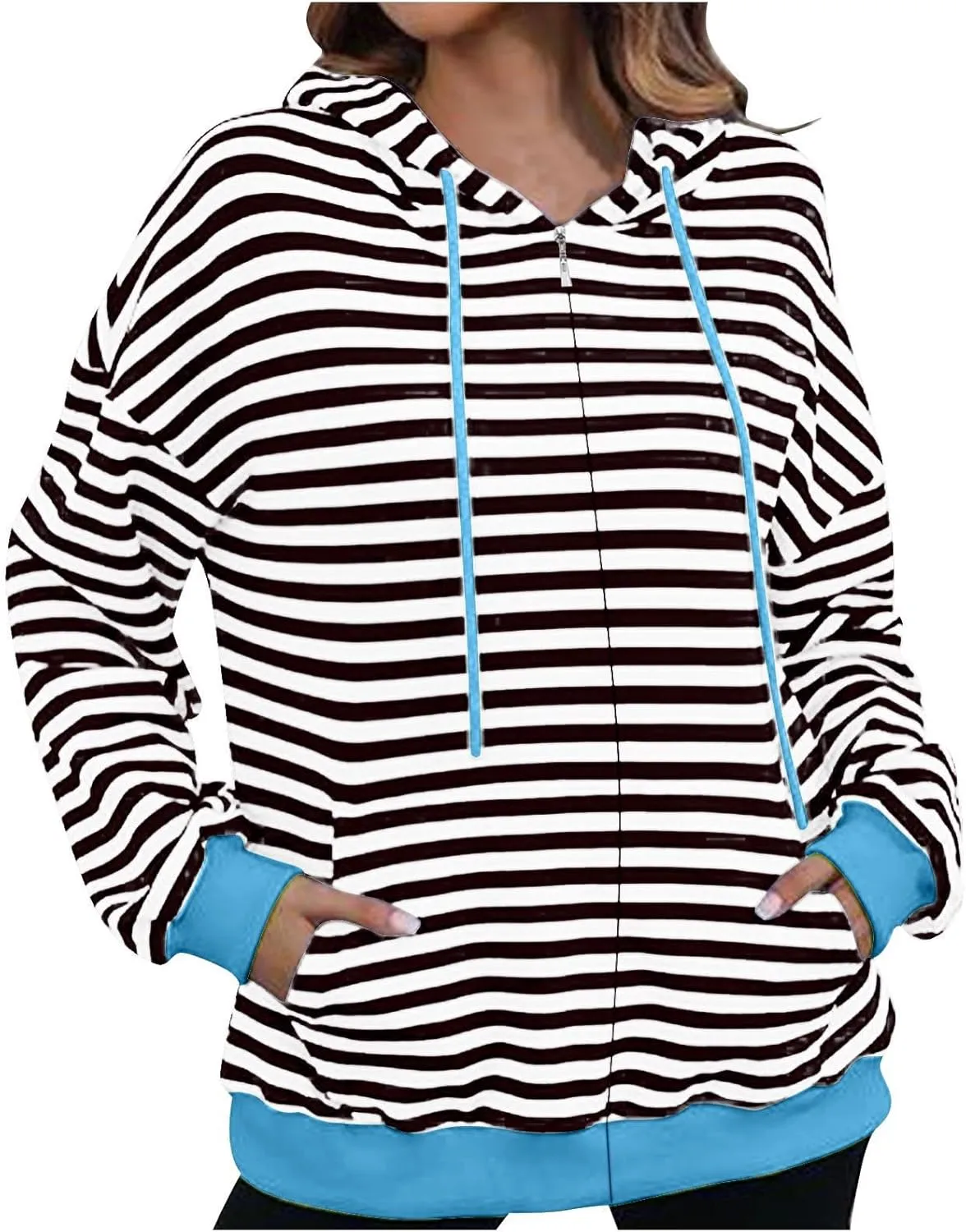 Women's Striped Hooded Sweatshirts Casual Long Sleeved Zippered Jackets Fall Trendy Thin Coats with Pockets