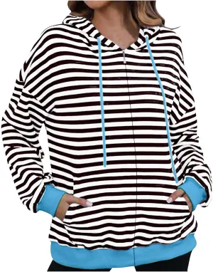 Women's Striped Hooded Sweatshirts Casual Long Sleeved Zippered Jackets Fall Trendy Thin Coats with Pockets