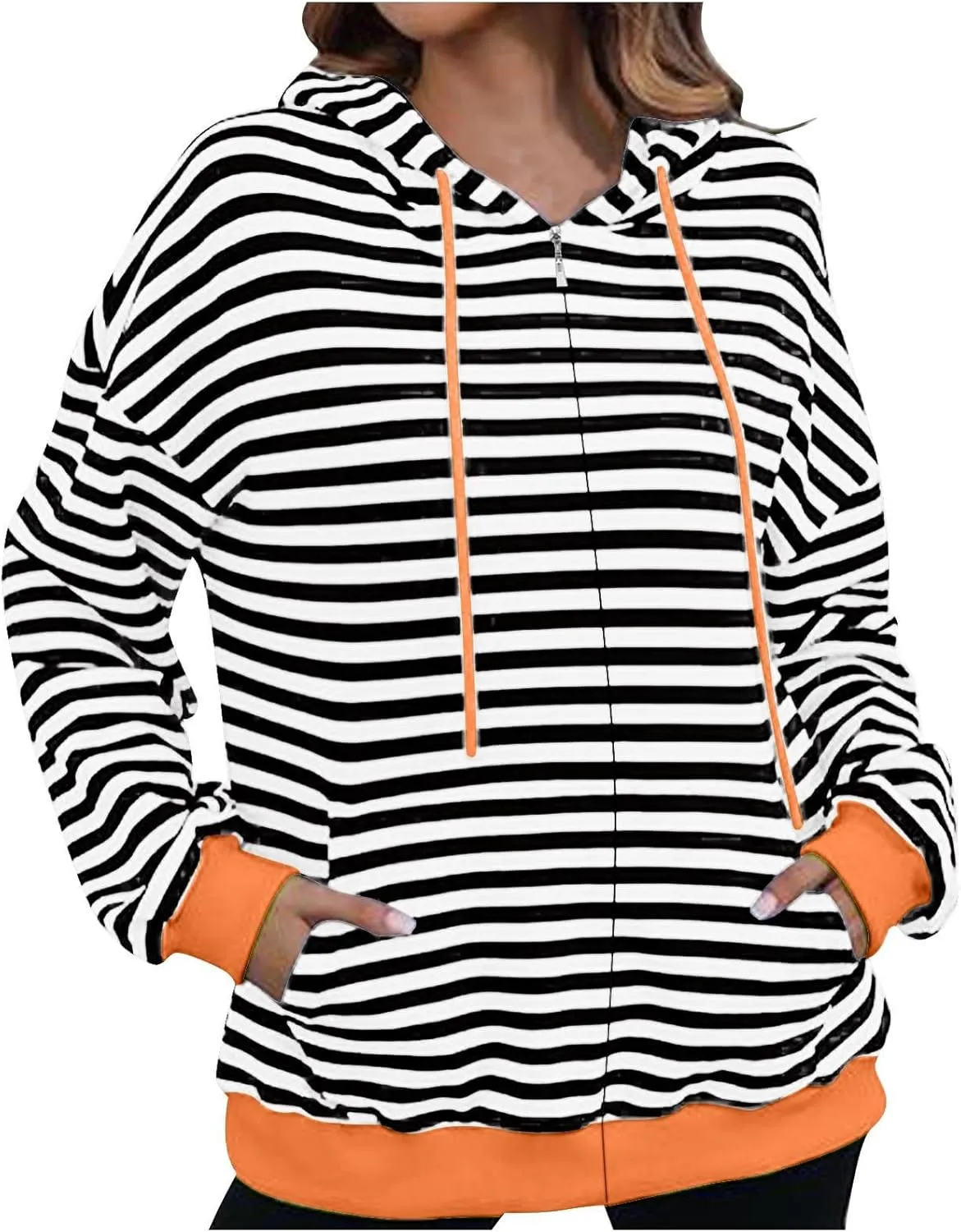 Women's Striped Hooded Sweatshirts Casual Long Sleeved Zippered Jackets Fall Trendy Thin Coats with Pockets