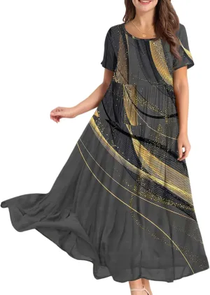 Women's Summer Bohemian Floral Pattern A Line Short Sleeve High Neck Strapless Pleated Swing Vacation Midi Dresses