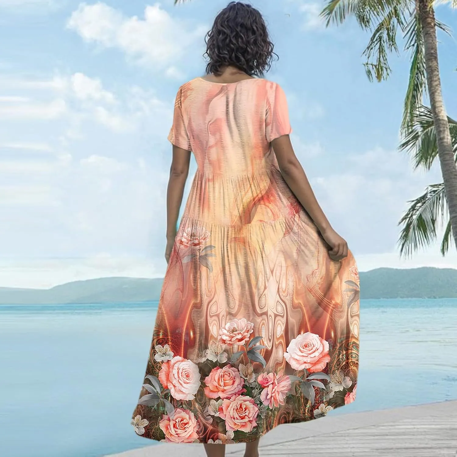 Women's Summer Bohemian Floral Pattern A Line Short Sleeve High Neck Strapless Pleated Swing Vacation Midi Dresses