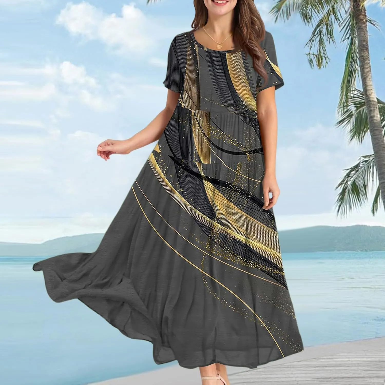 Women's Summer Bohemian Floral Pattern A Line Short Sleeve High Neck Strapless Pleated Swing Vacation Midi Dresses