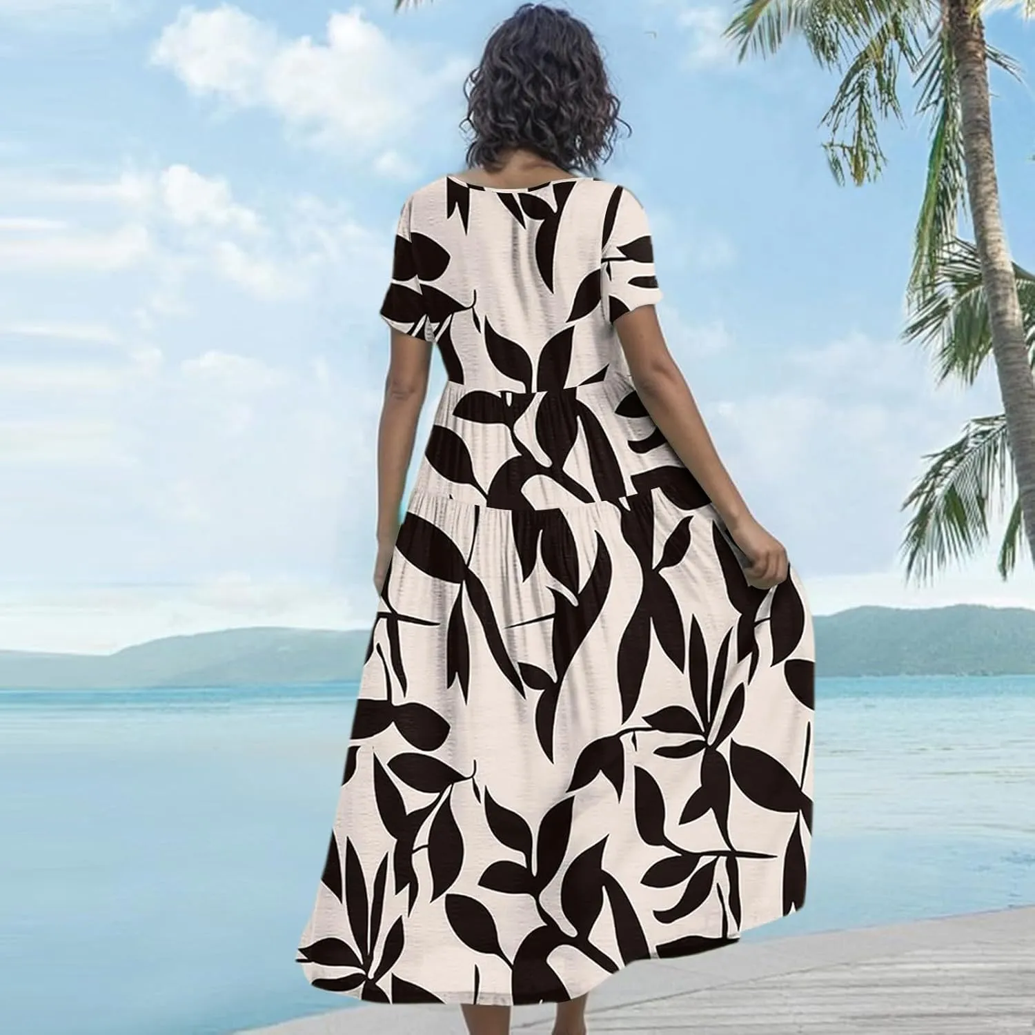 Women's Summer Bohemian Floral Pattern A Line Short Sleeve High Neck Strapless Pleated Swing Vacation Midi Dresses