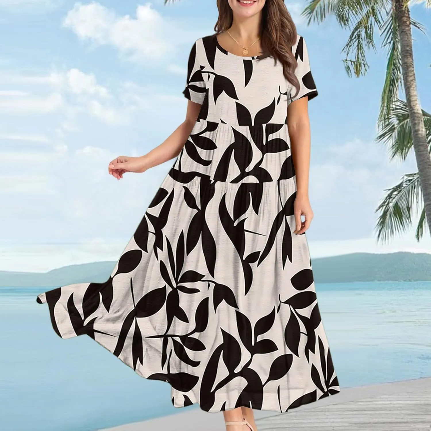 Women's Summer Bohemian Floral Pattern A Line Short Sleeve High Neck Strapless Pleated Swing Vacation Midi Dresses