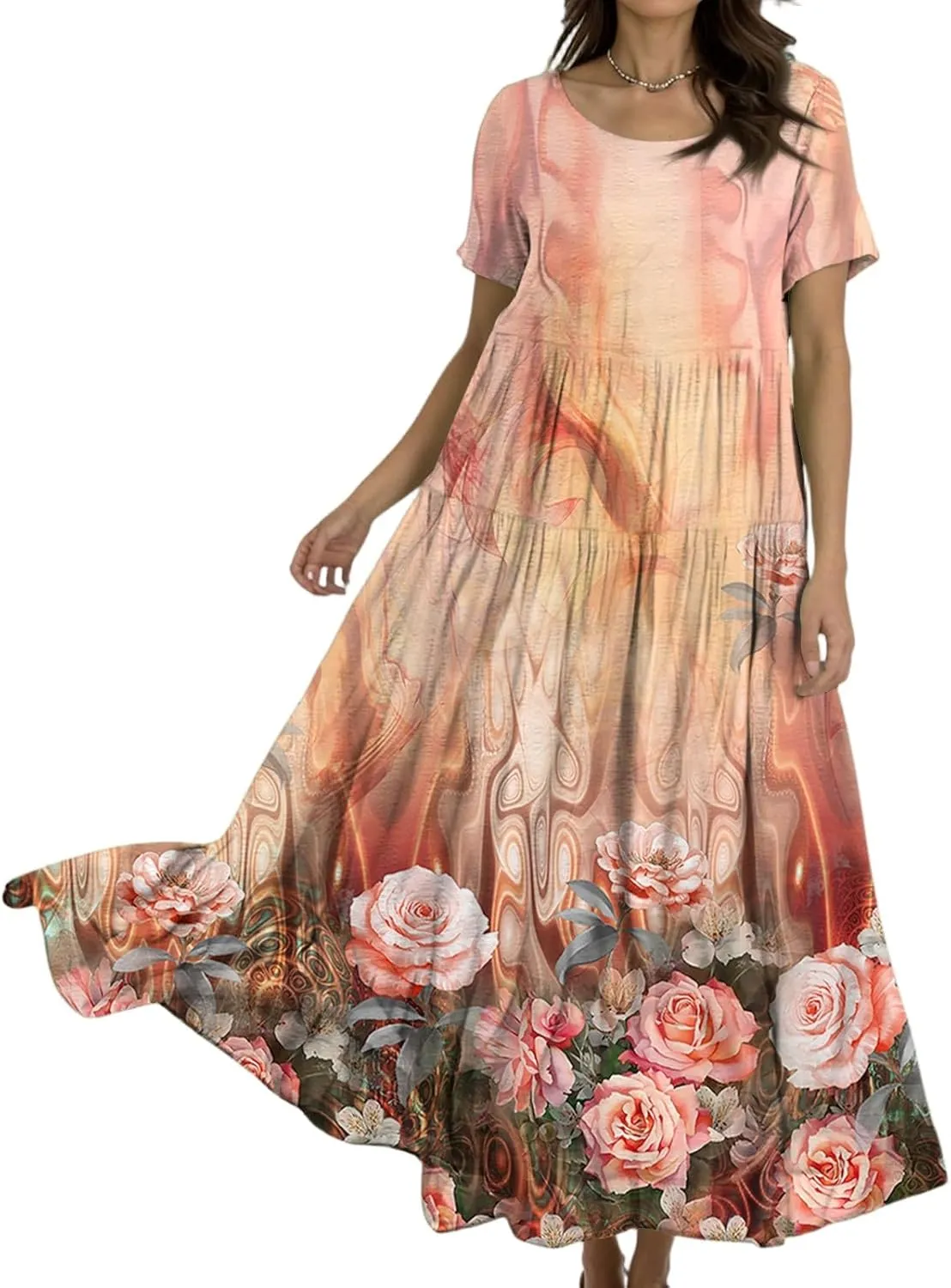 Women's Summer Bohemian Floral Pattern A Line Short Sleeve High Neck Strapless Pleated Swing Vacation Midi Dresses