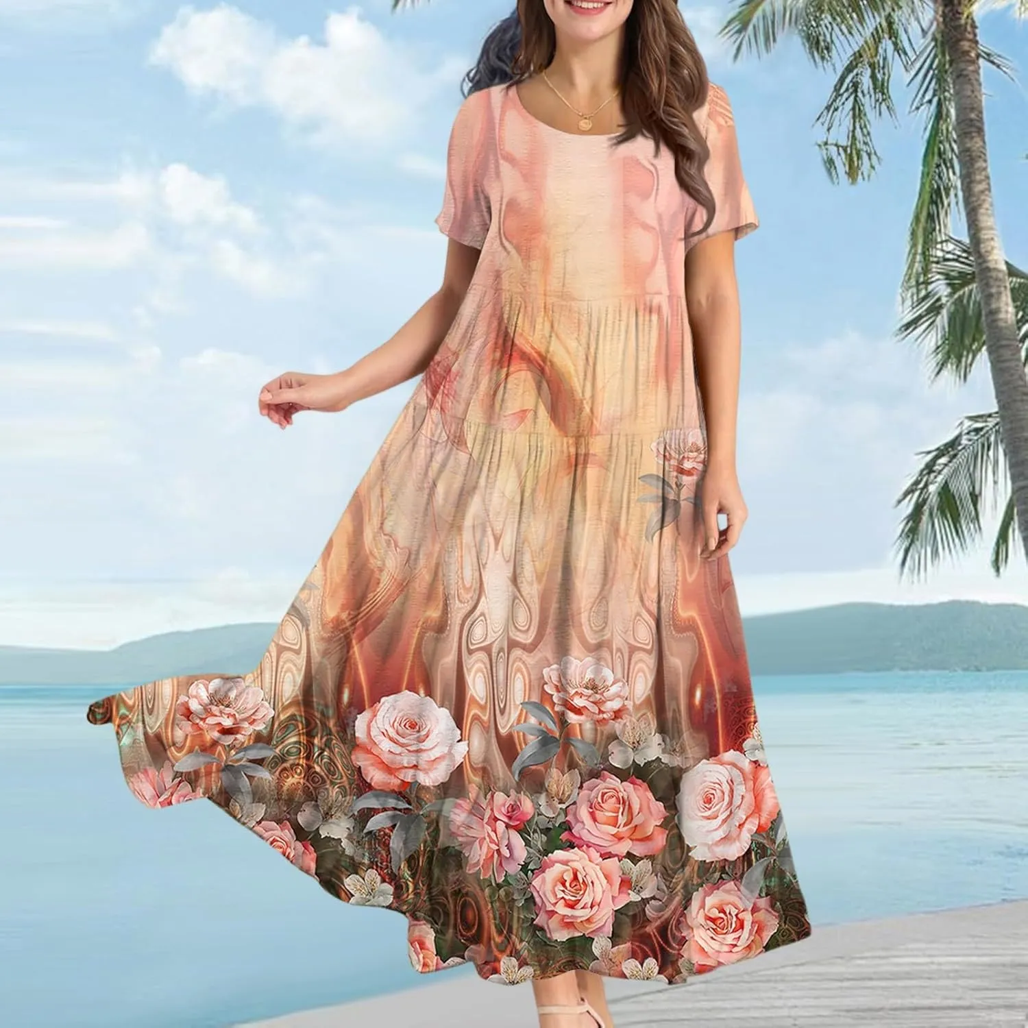 Women's Summer Bohemian Floral Pattern A Line Short Sleeve High Neck Strapless Pleated Swing Vacation Midi Dresses