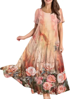 Women's Summer Bohemian Floral Pattern A Line Short Sleeve High Neck Strapless Pleated Swing Vacation Midi Dresses