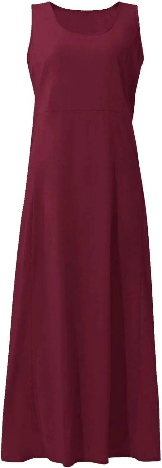 Women's Summer Casual Loose Maxi Dress 2024 Solid Color Sleeveless Round Neck Linen Dresses with Pockets, S-5XL