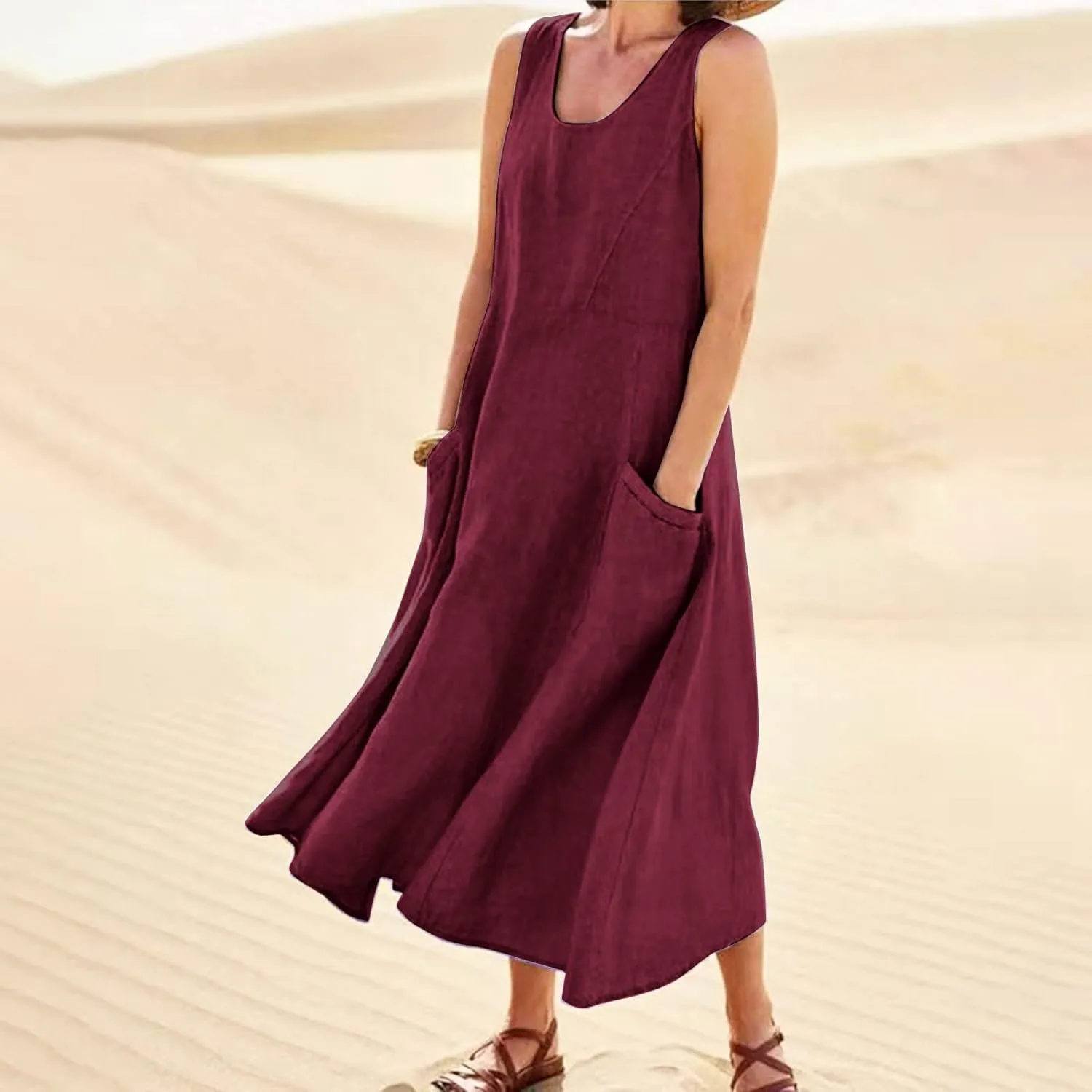 Women's Summer Casual Loose Maxi Dress 2024 Solid Color Sleeveless Round Neck Linen Dresses with Pockets, S-5XL