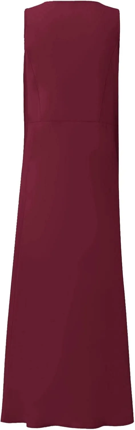 Women's Summer Casual Loose Maxi Dress 2024 Solid Color Sleeveless Round Neck Linen Dresses with Pockets, S-5XL
