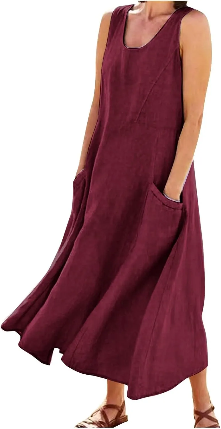 Women's Summer Casual Loose Maxi Dress 2024 Solid Color Sleeveless Round Neck Linen Dresses with Pockets, S-5XL