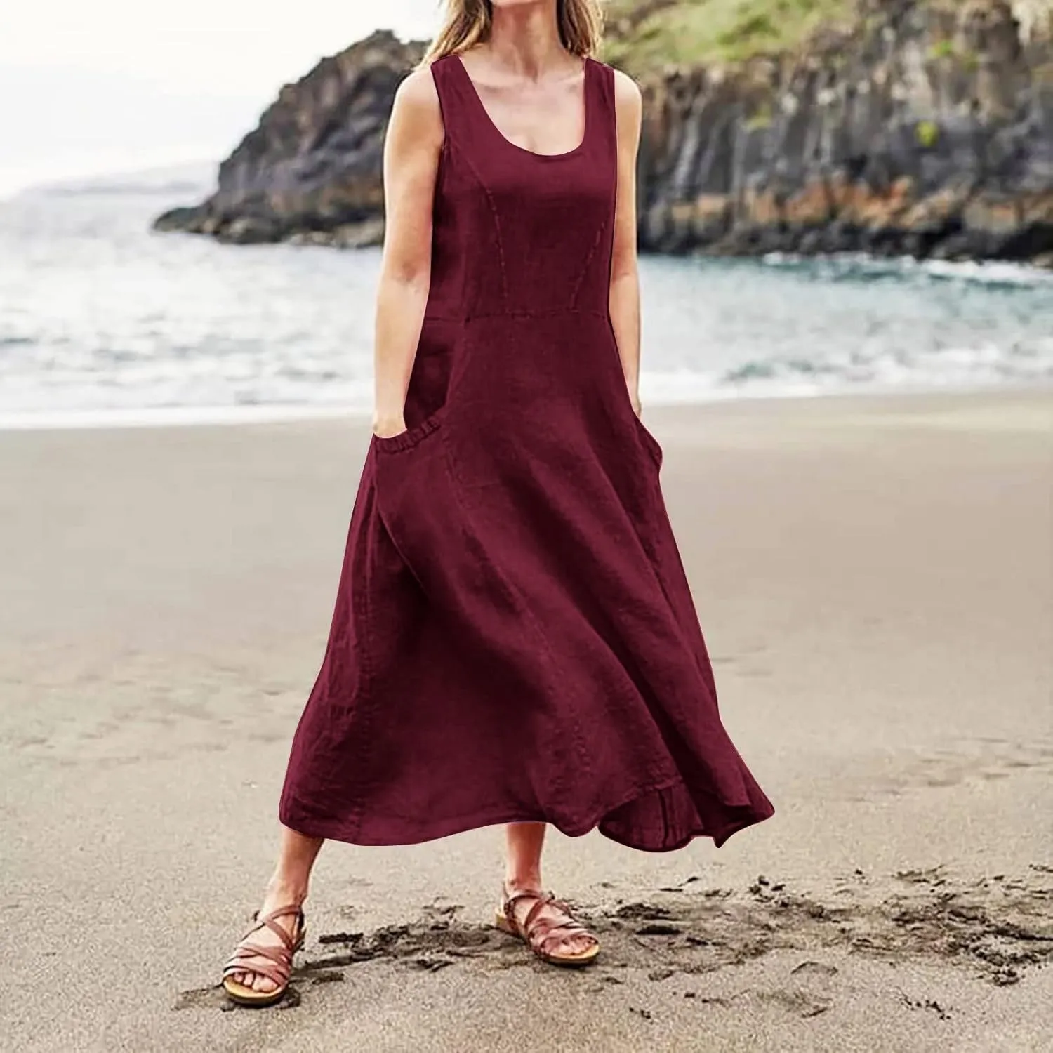 Women's Summer Casual Loose Maxi Dress 2024 Solid Color Sleeveless Round Neck Linen Dresses with Pockets, S-5XL