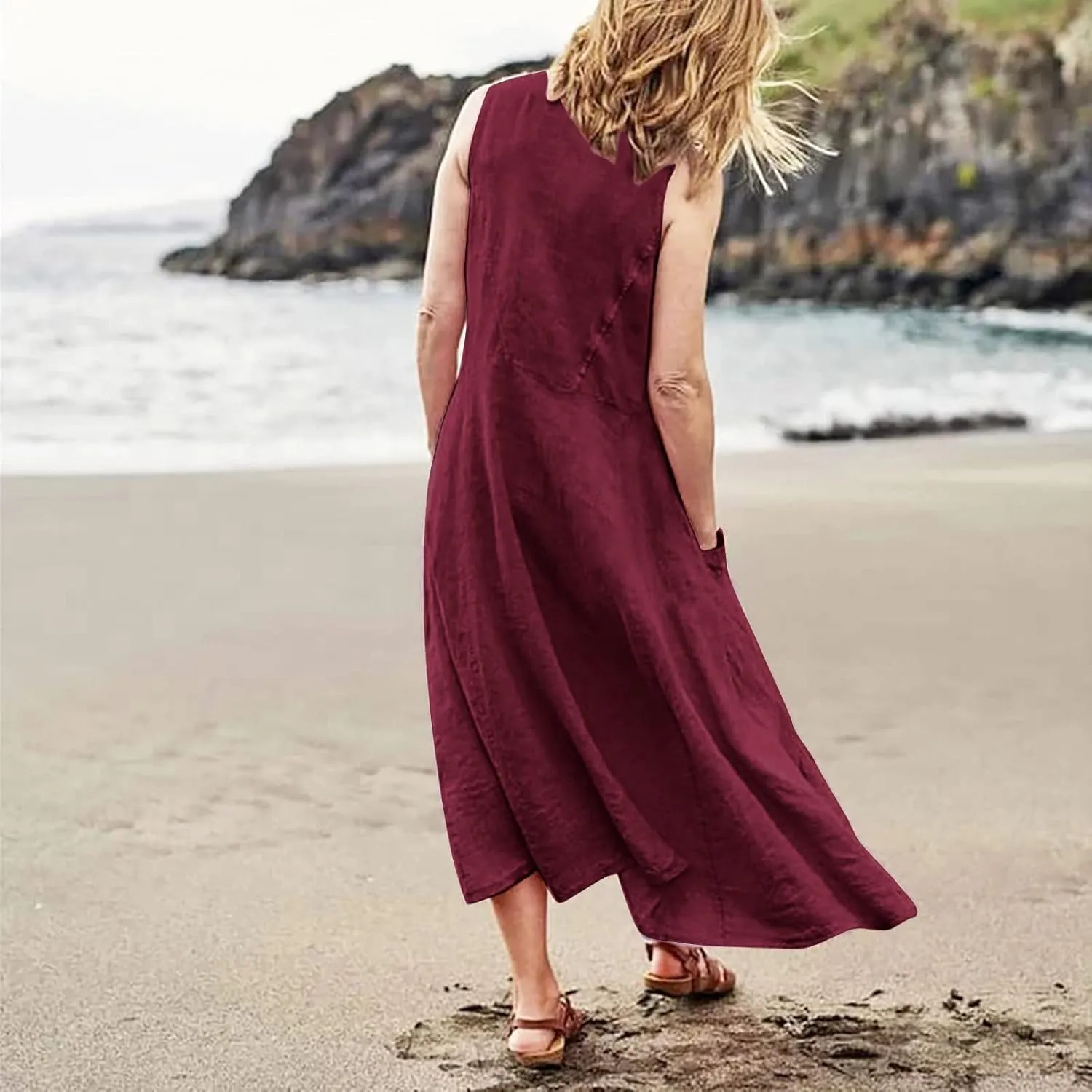 Women's Summer Casual Loose Maxi Dress 2024 Solid Color Sleeveless Round Neck Linen Dresses with Pockets, S-5XL