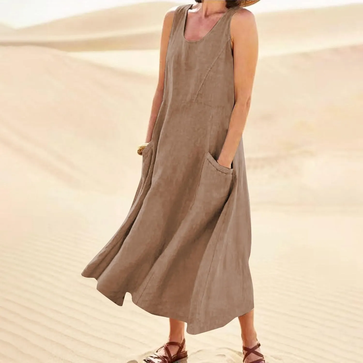 Women's Summer Cotton Linen Sleeveless Maxi Flowy Dresses Plus Size Loose Comfy Elegant Dress with Pockets