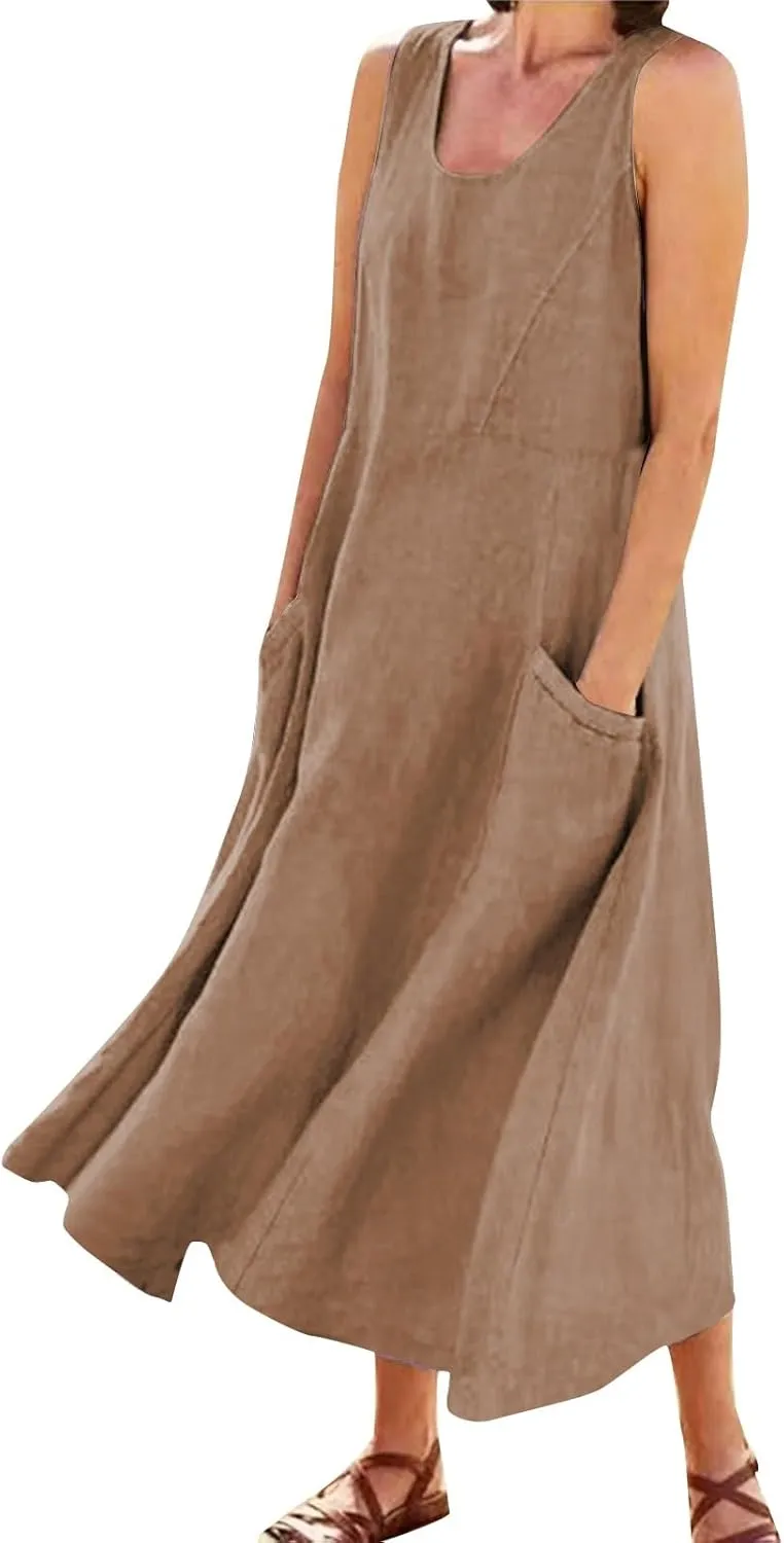 Women's Summer Cotton Linen Sleeveless Maxi Flowy Dresses Plus Size Loose Comfy Elegant Dress with Pockets
