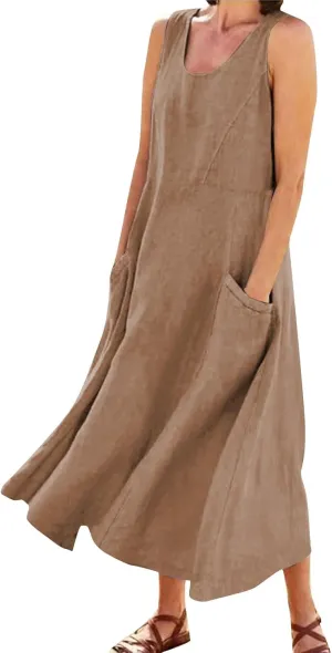 Women's Summer Cotton Linen Sleeveless Maxi Flowy Dresses Plus Size Loose Comfy Elegant Dress with Pockets