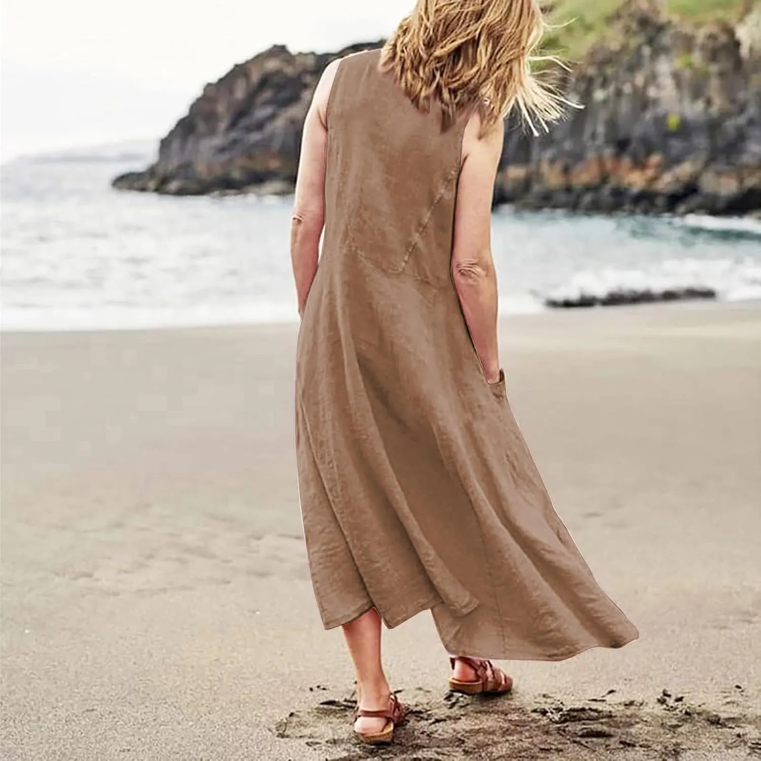 Women's Summer Cotton Linen Sleeveless Maxi Flowy Dresses Plus Size Loose Comfy Elegant Dress with Pockets