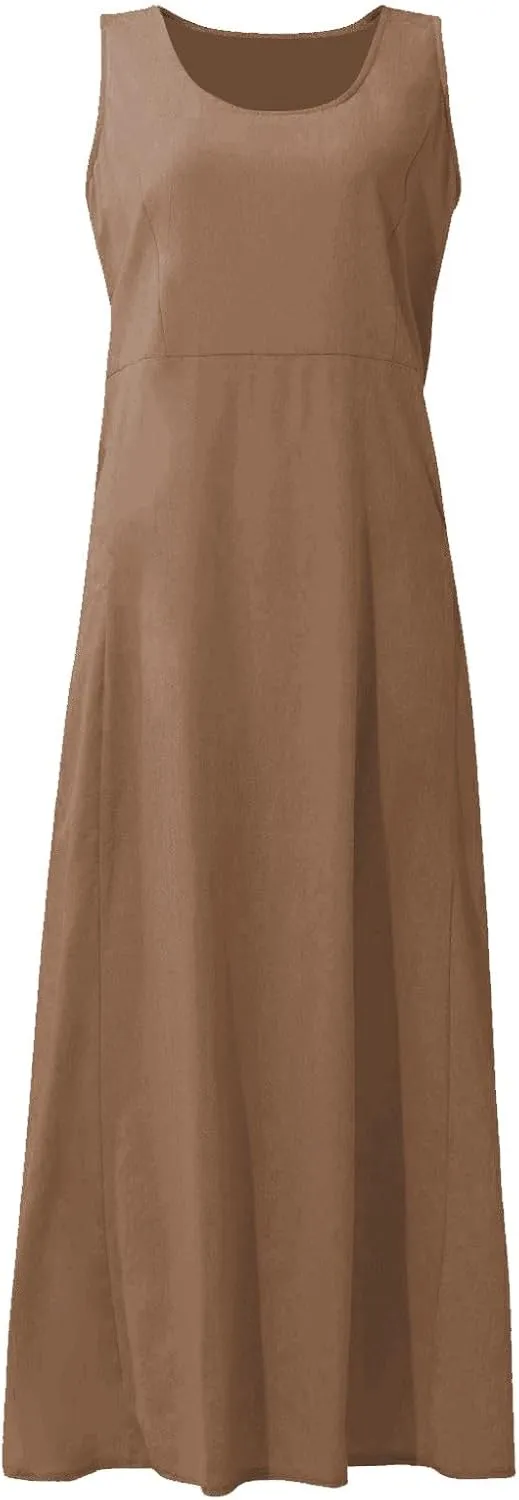 Women's Summer Cotton Linen Sleeveless Maxi Flowy Dresses Plus Size Loose Comfy Elegant Dress with Pockets