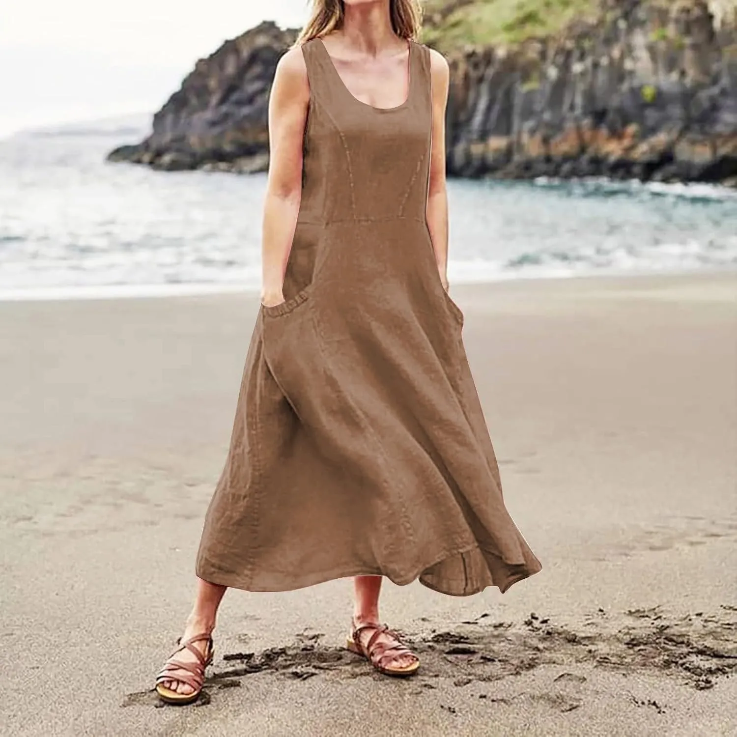 Women's Summer Cotton Linen Sleeveless Maxi Flowy Dresses Plus Size Loose Comfy Elegant Dress with Pockets
