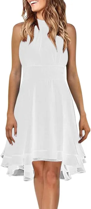 Women's Summer Dress Sleeveless Halter Neck Pletaed High Low Chiffon Tiered Layered Flowy Dress Party Wedding Outfits