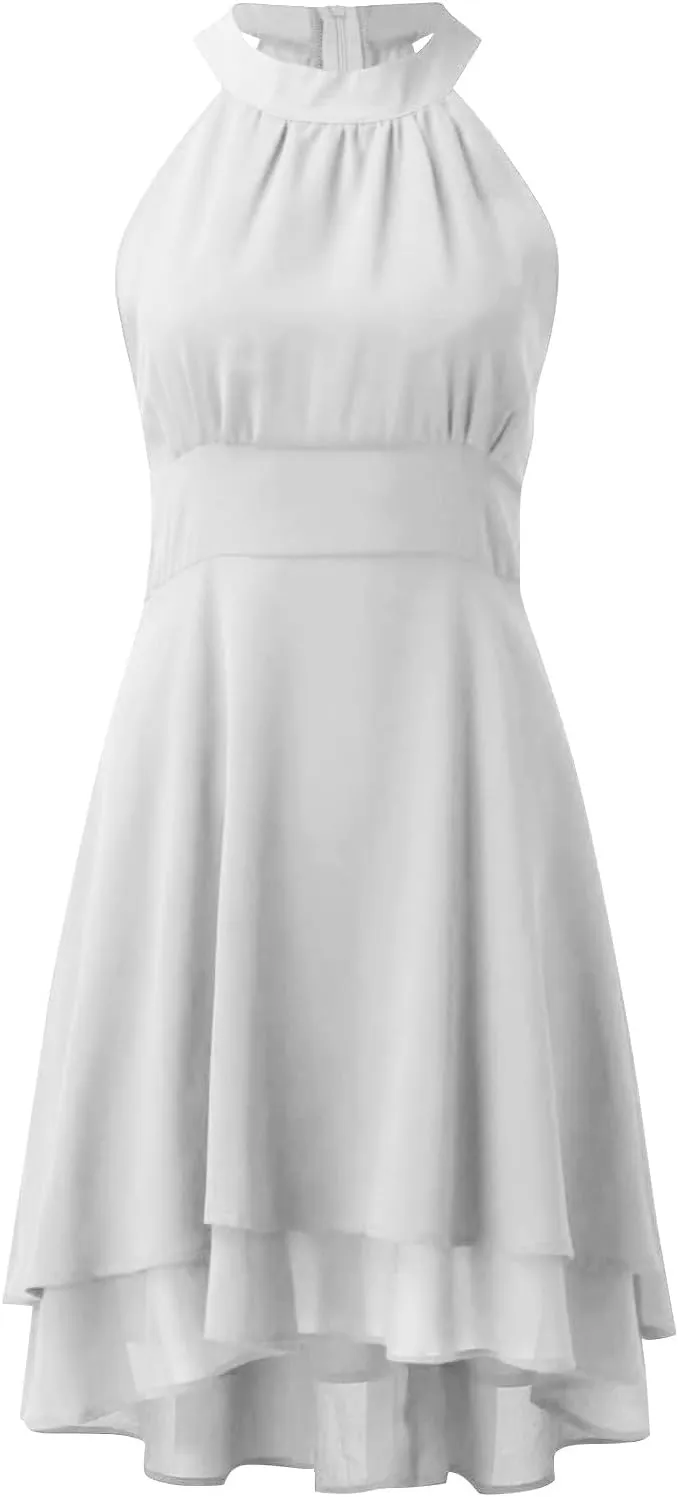 Women's Summer Dress Sleeveless Halter Neck Pletaed High Low Chiffon Tiered Layered Flowy Dress Party Wedding Outfits
