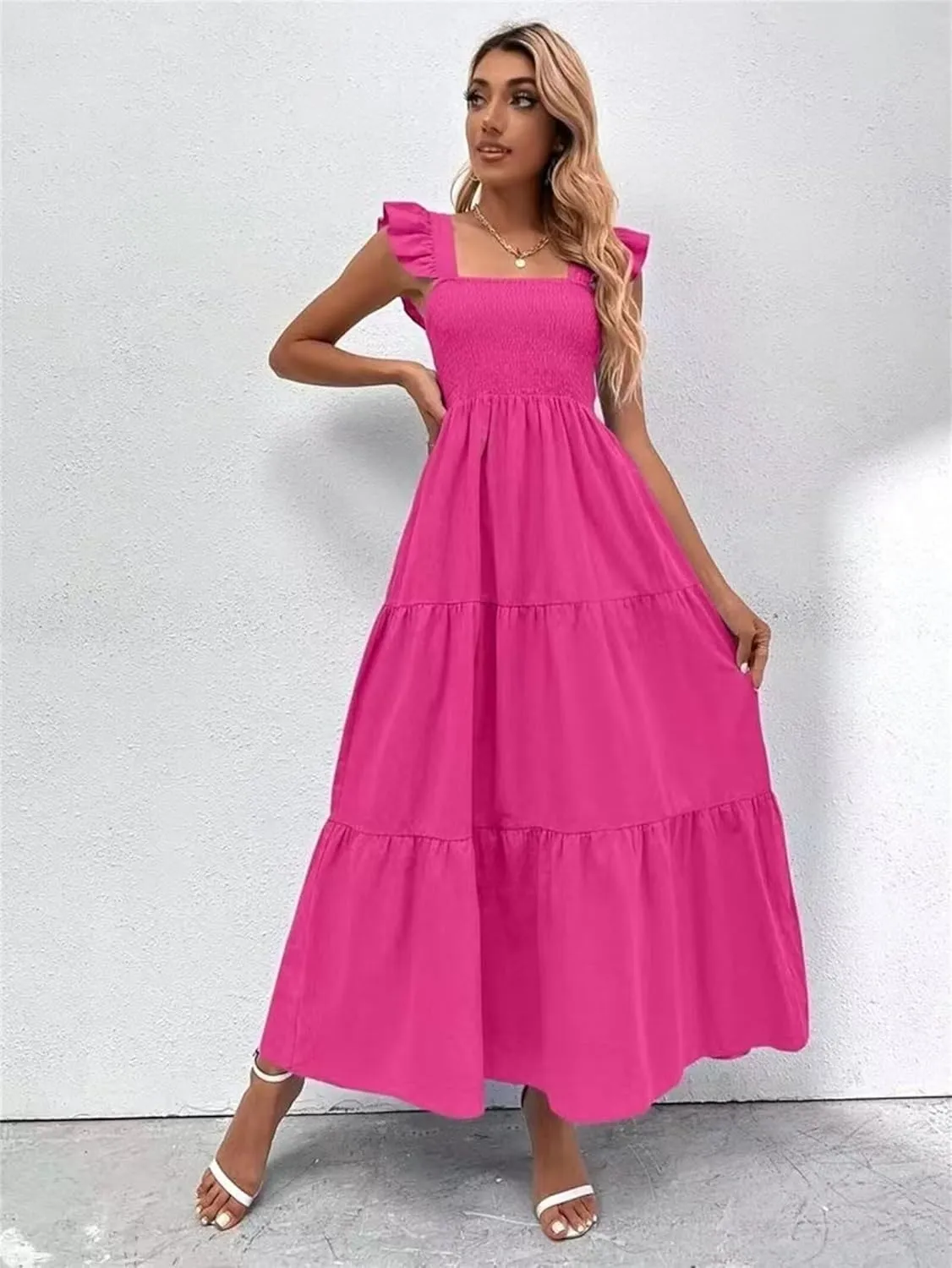 Womens Summer Dresses Causal Sleeveless Maxi Dresses Trendy Ruffle Dresses Vacation Beach Sun Dresses Boho Maxi Dress