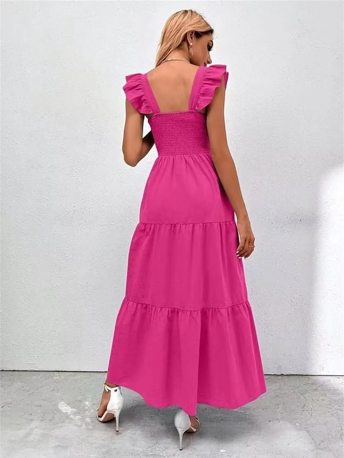 Womens Summer Dresses Causal Sleeveless Maxi Dresses Trendy Ruffle Dresses Vacation Beach Sun Dresses Boho Maxi Dress