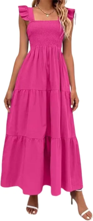 Womens Summer Dresses Causal Sleeveless Maxi Dresses Trendy Ruffle Dresses Vacation Beach Sun Dresses Boho Maxi Dress