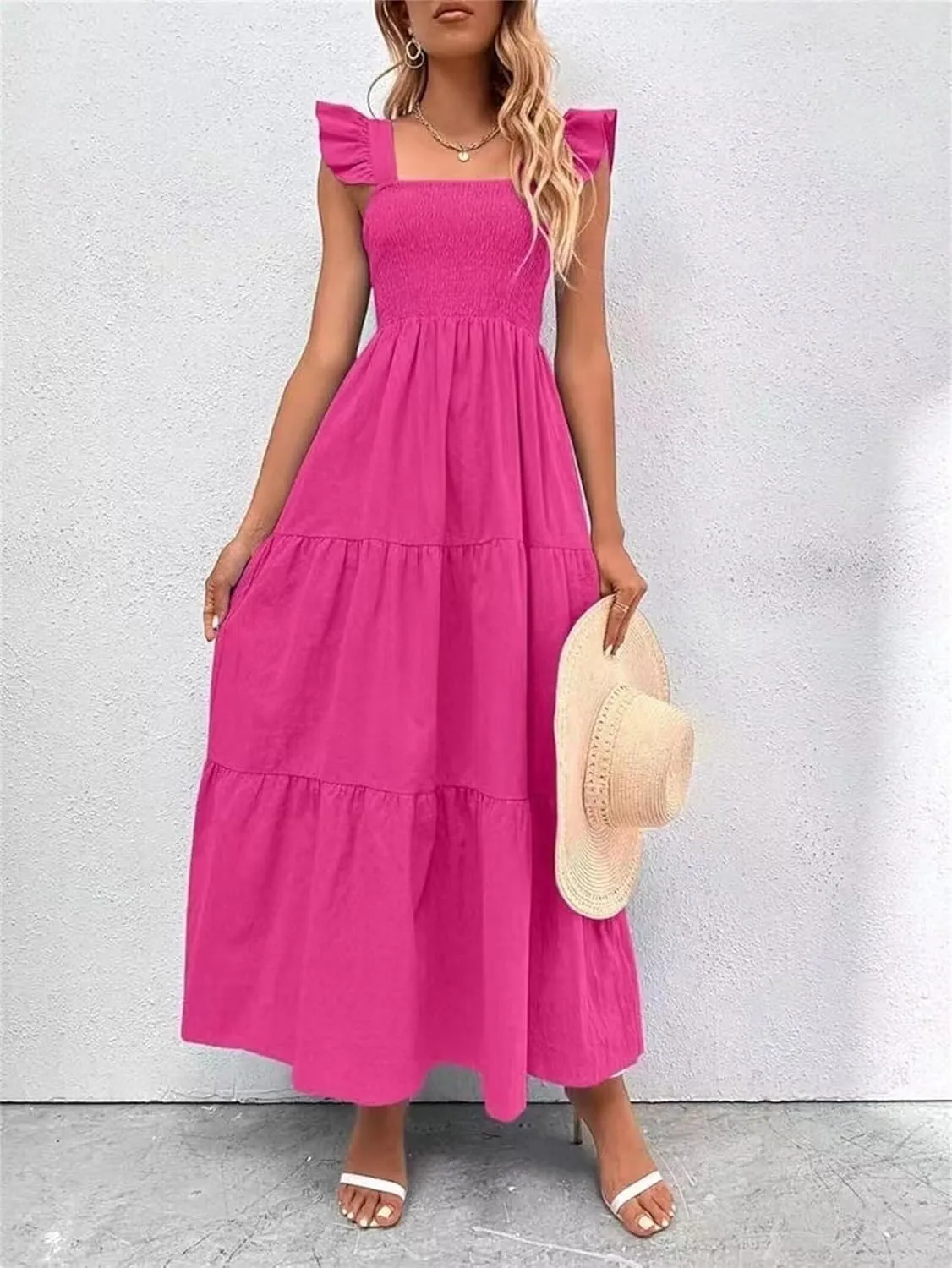 Womens Summer Dresses Causal Sleeveless Maxi Dresses Trendy Ruffle Dresses Vacation Beach Sun Dresses Boho Maxi Dress