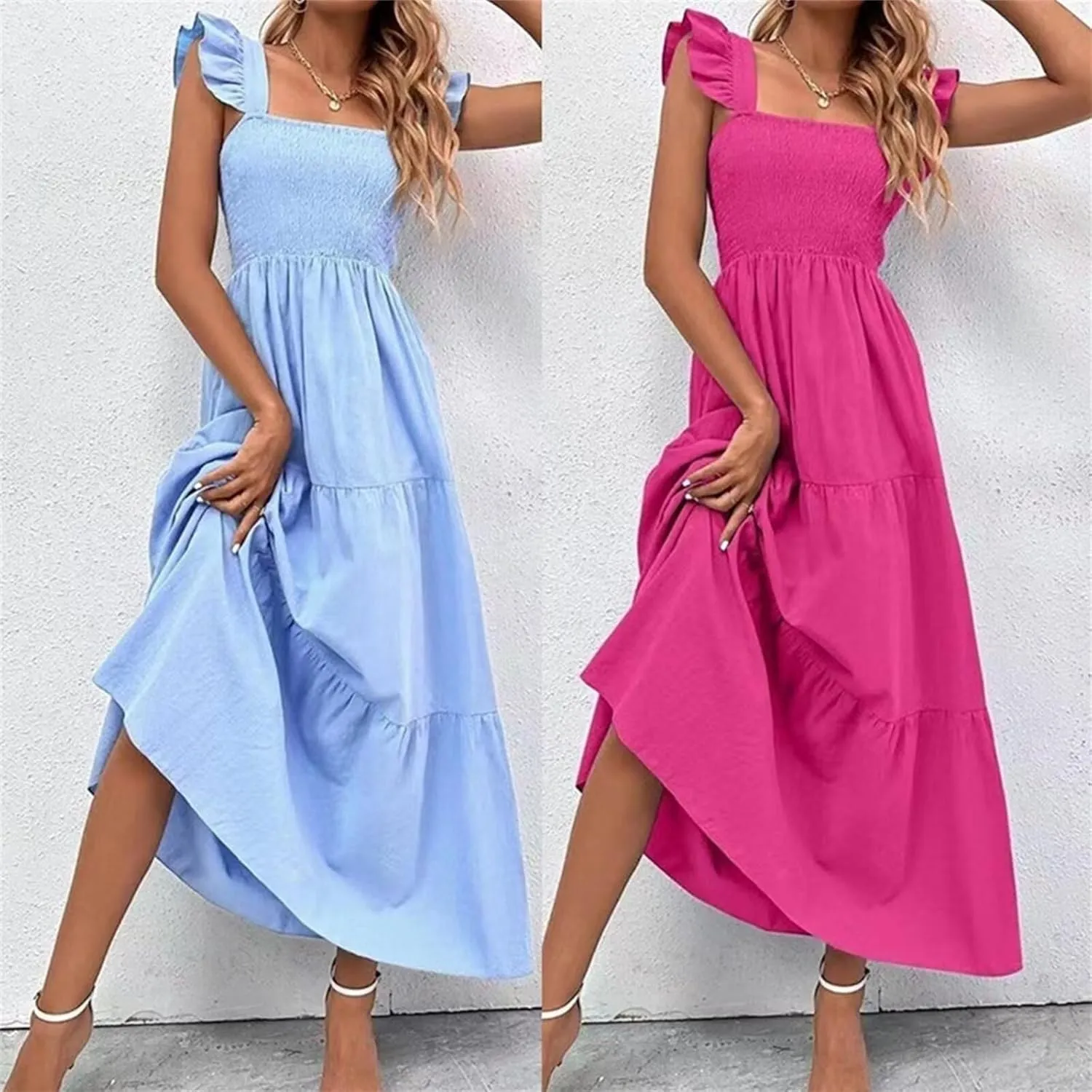 Womens Summer Dresses Causal Sleeveless Maxi Dresses Trendy Ruffle Dresses Vacation Beach Sun Dresses Boho Maxi Dress