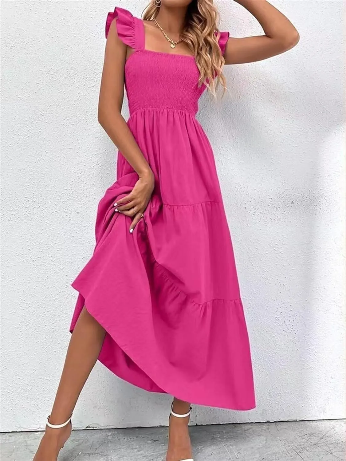 Womens Summer Dresses Causal Sleeveless Maxi Dresses Trendy Ruffle Dresses Vacation Beach Sun Dresses Boho Maxi Dress