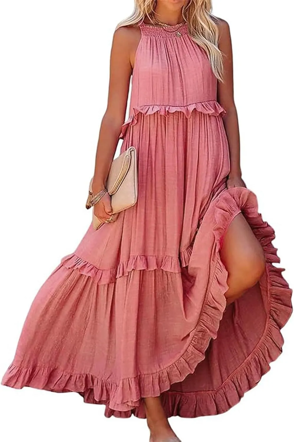 Womens Summer Floral Maxi Dresses Sleeveless Beach Wedding Guest Dress Drawstring Ruffle Long Flowy Dress