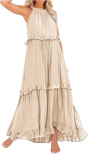 Womens Summer Floral Maxi Dresses Sleeveless Beach Wedding Guest Dress Drawstring Ruffle Long Flowy Dress