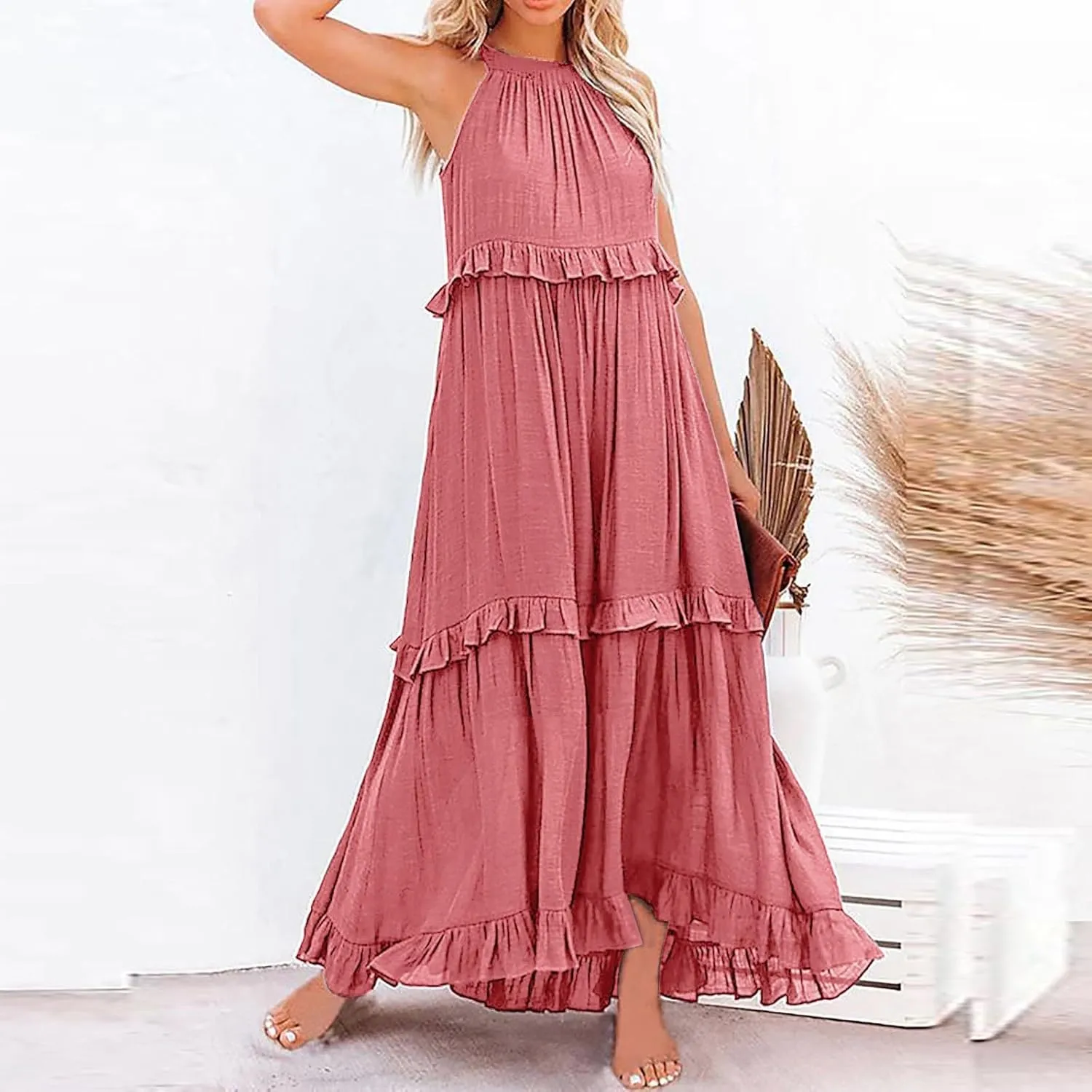 Womens Summer Floral Maxi Dresses Sleeveless Beach Wedding Guest Dress Drawstring Ruffle Long Flowy Dress