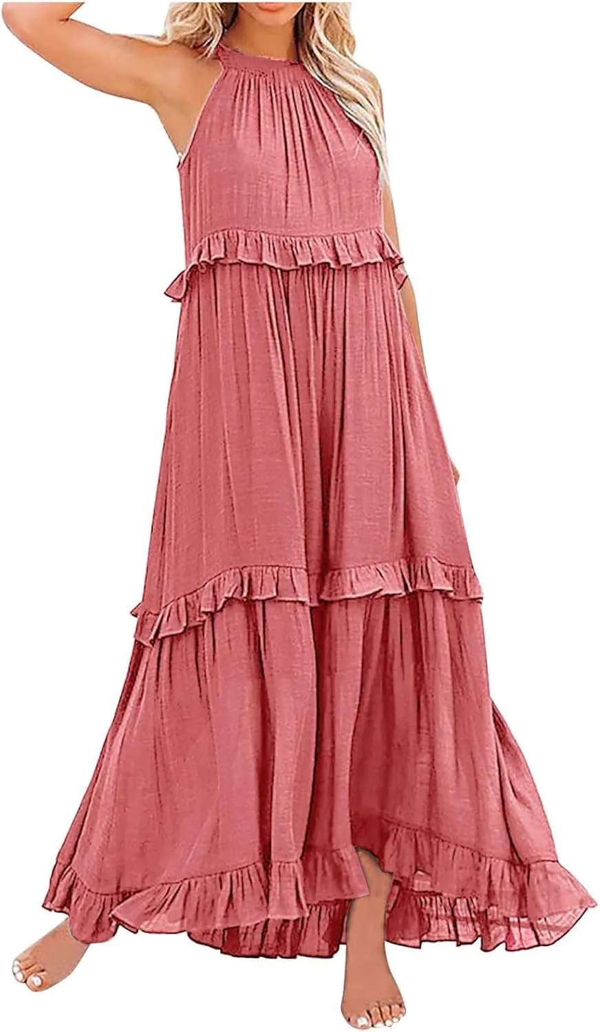 Womens Summer Floral Maxi Dresses Sleeveless Beach Wedding Guest Dress Drawstring Ruffle Long Flowy Dress