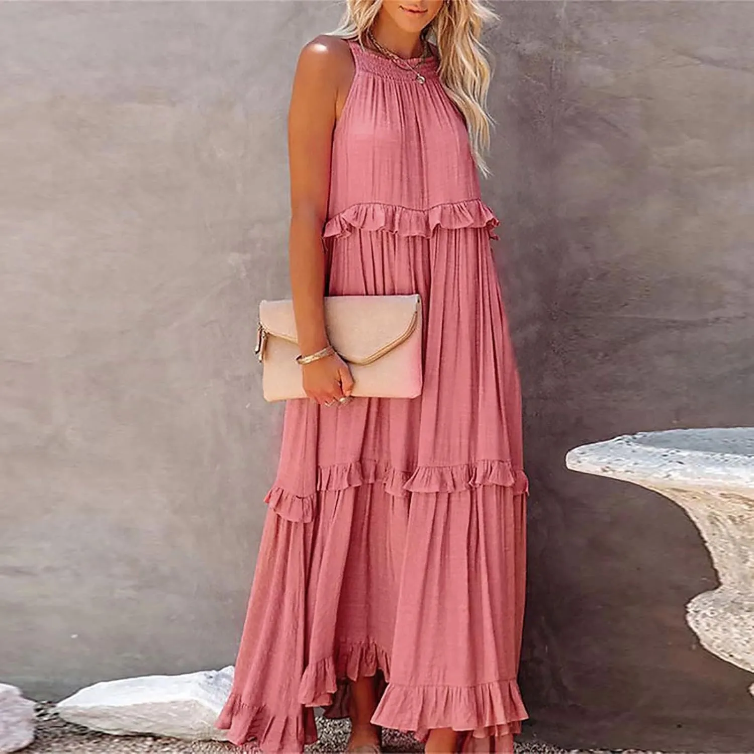 Womens Summer Floral Maxi Dresses Sleeveless Beach Wedding Guest Dress Drawstring Ruffle Long Flowy Dress
