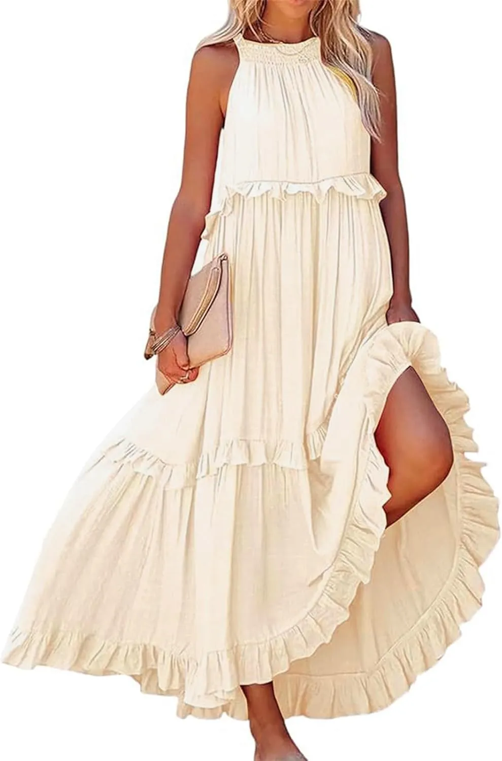 Womens Summer Floral Maxi Dresses Sleeveless Beach Wedding Guest Dress Drawstring Ruffle Long Flowy Dress